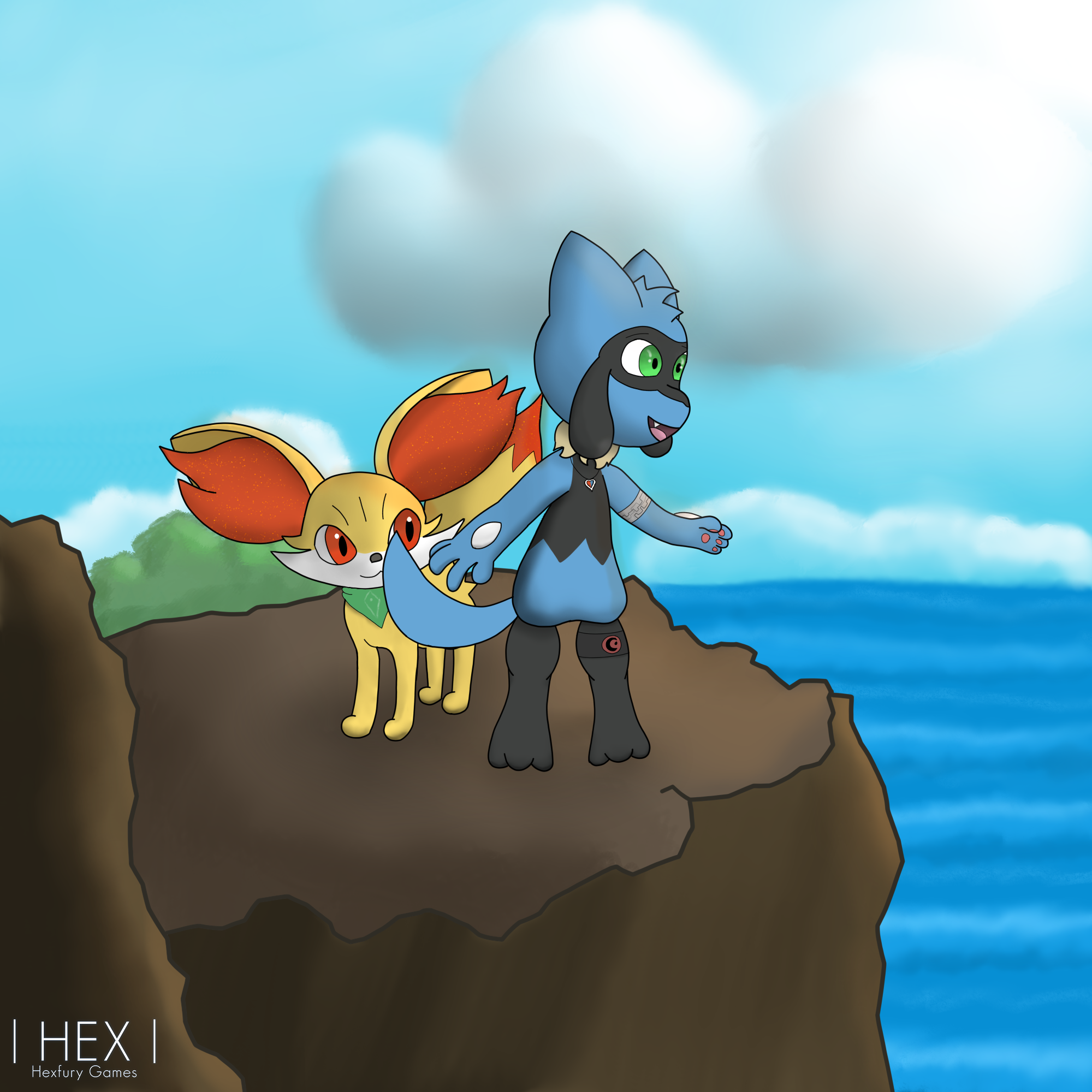 Hex the Riolu and a friendly Fennekin both overlooking the ocean from atop a scenic cliff.