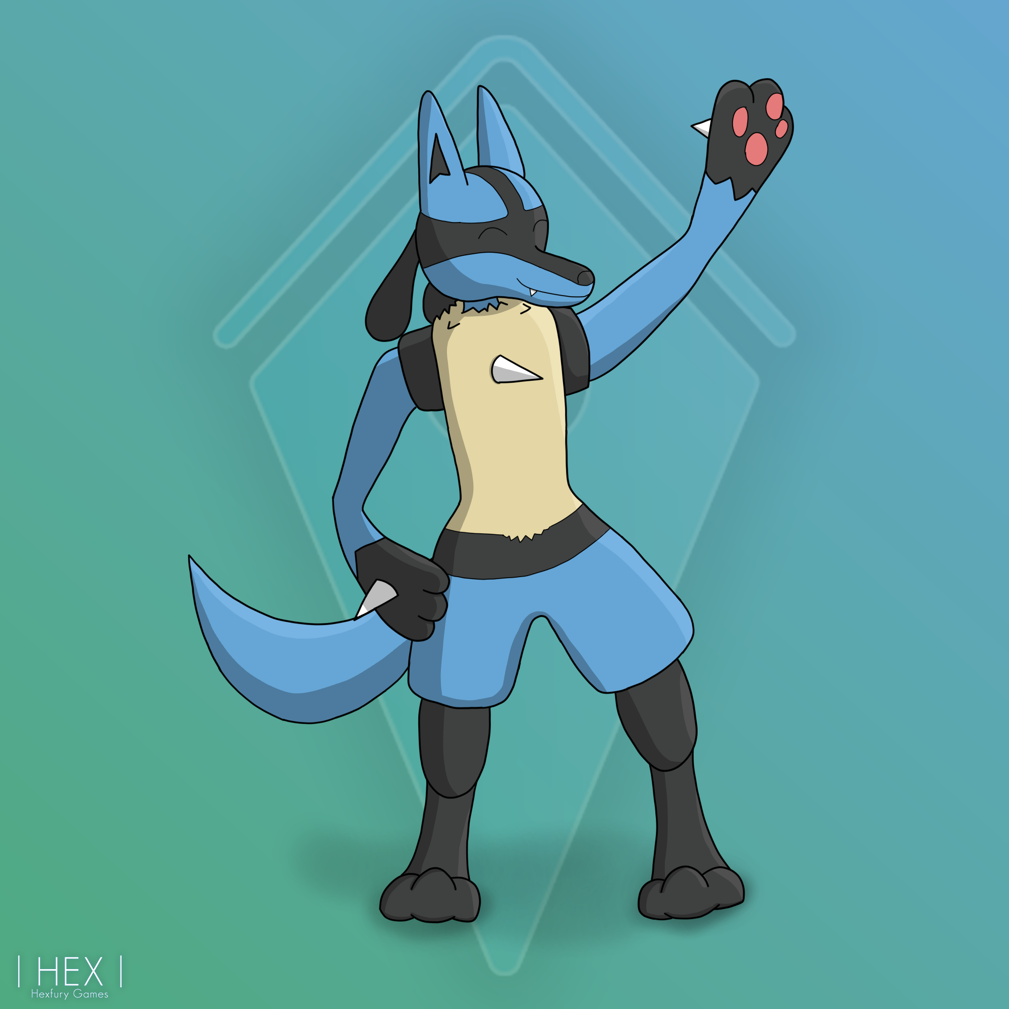 Hex as a Lucario, waving at the viewer.