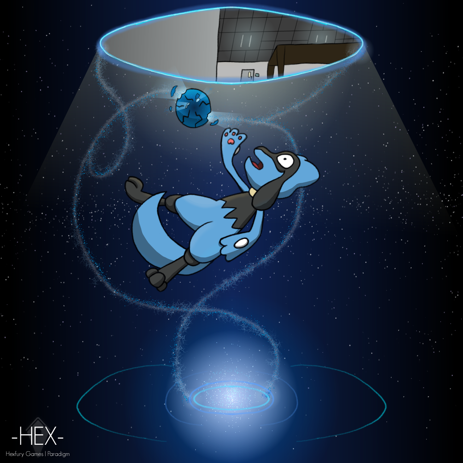 Hex the Riolu, falling through a portal opened by an anomalous dark blue Orb.